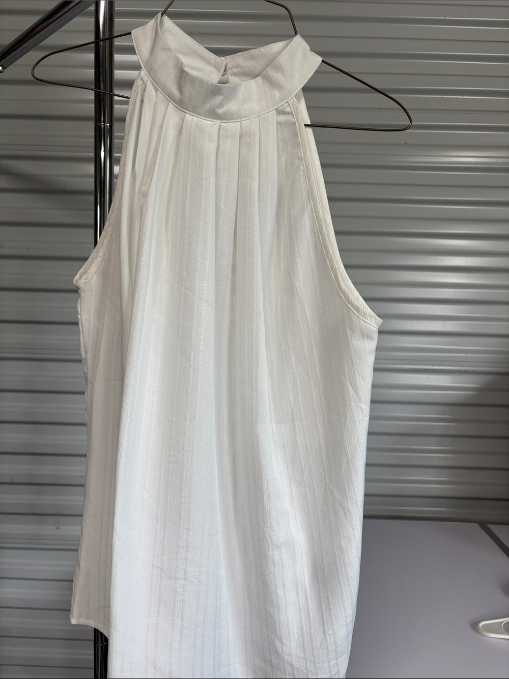 Sleeveless High-Neck White Pleated Tank